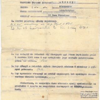Zaświadczenie o przebiegu służby – wcielony 20 maja 1945 r.  do 14 batalionu strzelców 5 KDP