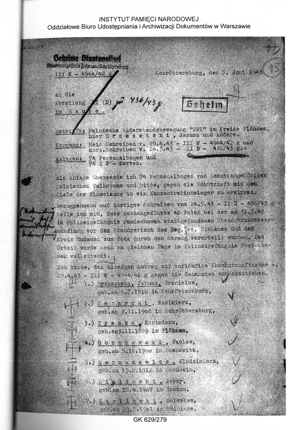 Lista więźniów skazanych na śmierć i zamordowanych 31.05.1943 r. (z akt Gestapo)